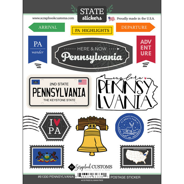 State Collection Pennsylvania Postage 6 x 8 Scrapbook Sticker Sheet by Scrapbook Customs