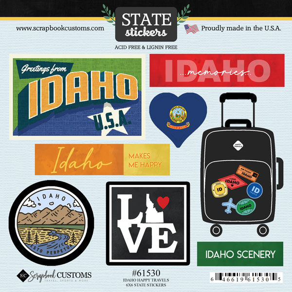 Happy Travels Idaho Collection 6x6 Scrapbook Sticker Sheet by Scrapbook Customs