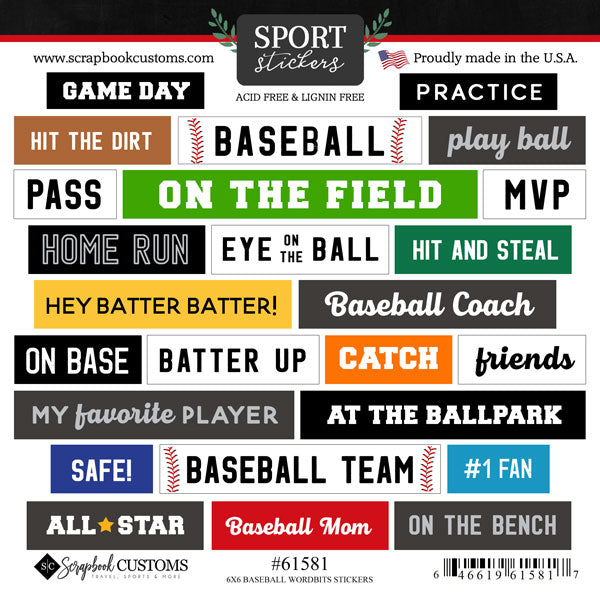 Word Bits Collection Baseball 6x6 Scrapbook Sticker Sheet by Scrapbook Customs