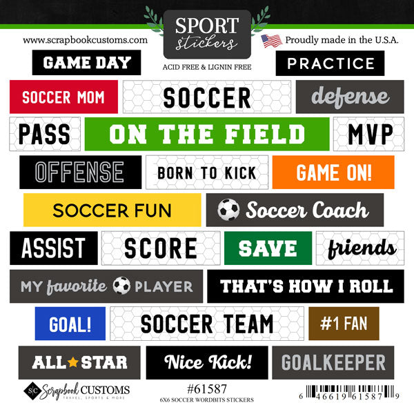 Word Bits Collection Soccer 6x6 Scrapbook Sticker Sheet by Scrapbook Customs