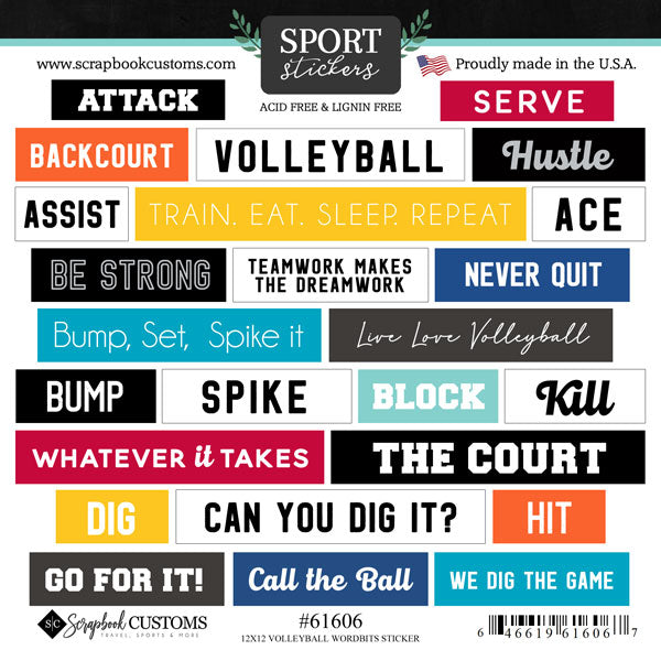 Word Bits Collection Volleyball 6x6 Scrapbook Sticker Sheet by Scrapbook Customs