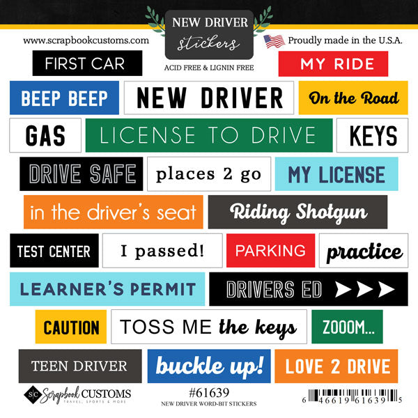 New Driver Collection New Driver Wordbits 6x6 Scrapbook Sticker Sheet by Scrapbook Customs