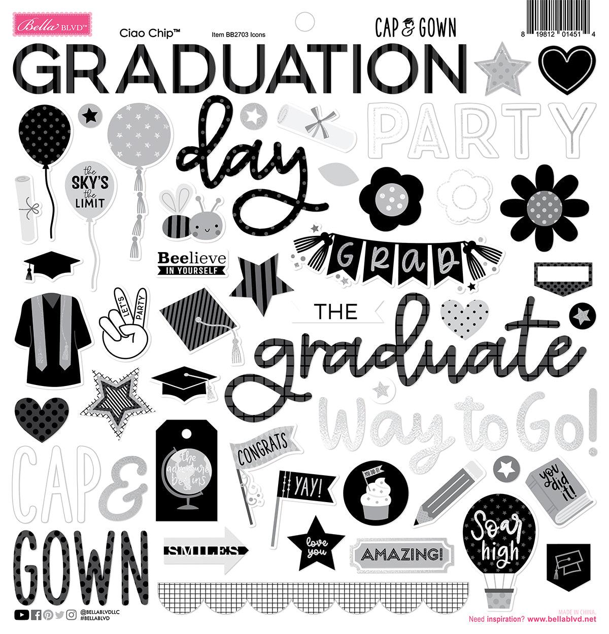 Cap & Gown Collection 12 x 12 Chipboard Scrapbook Sticker Sheet by Doodlebug Design - Scrapbook Supply Companies