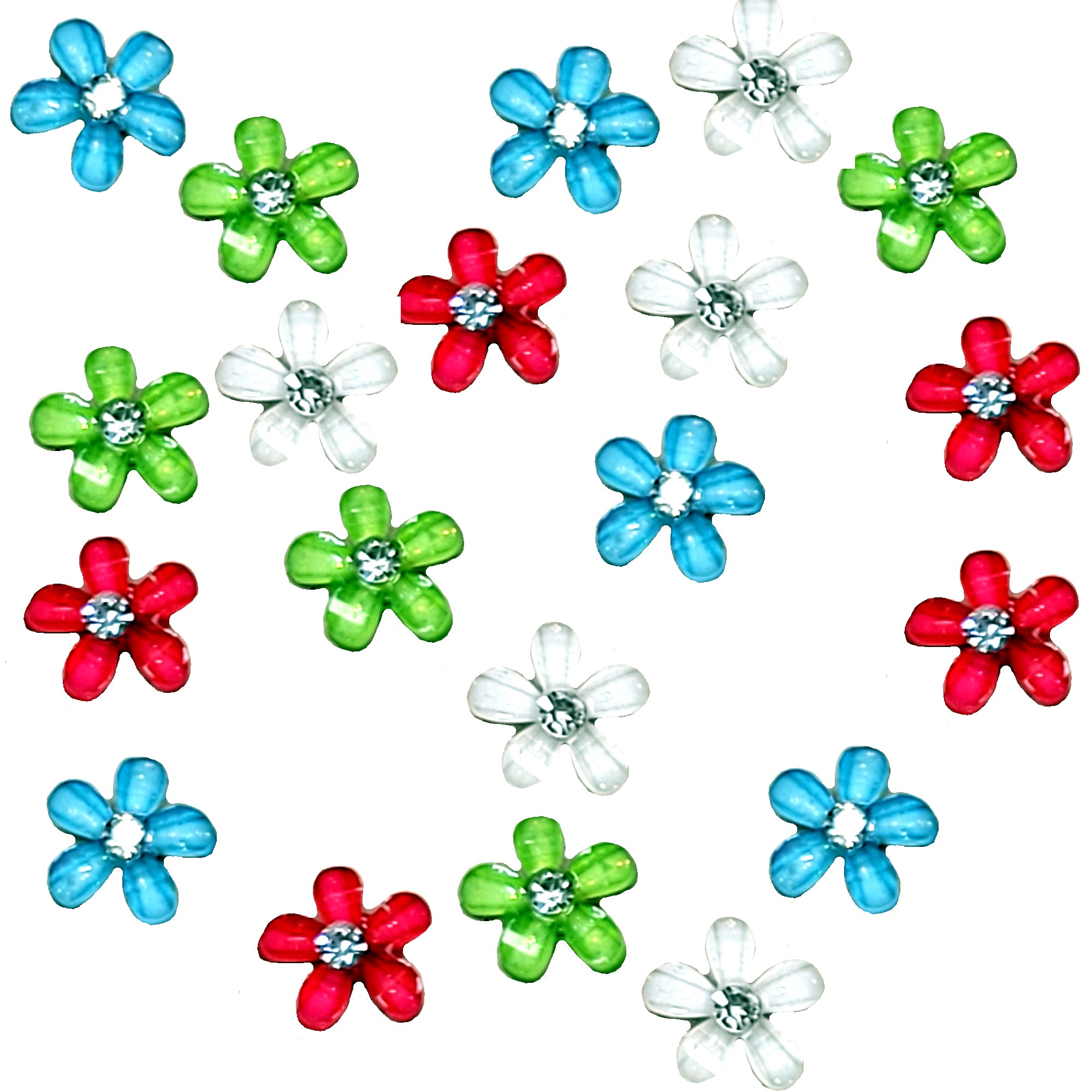 Flower Fun Collection Blue, White, Green & Hot Pink 10mm Flatback Scrapbook Embellishments by SSC Designs - 20 pieces
