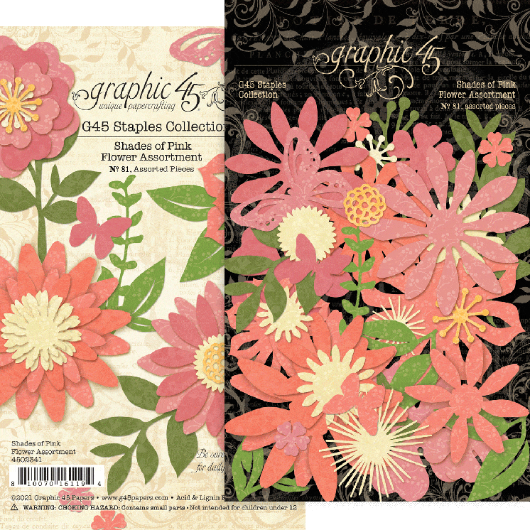 Staples Collection Shades of Pink Flower Assortment by Graphic 45-81 assorted pieces - Scrapbook Supply Companies