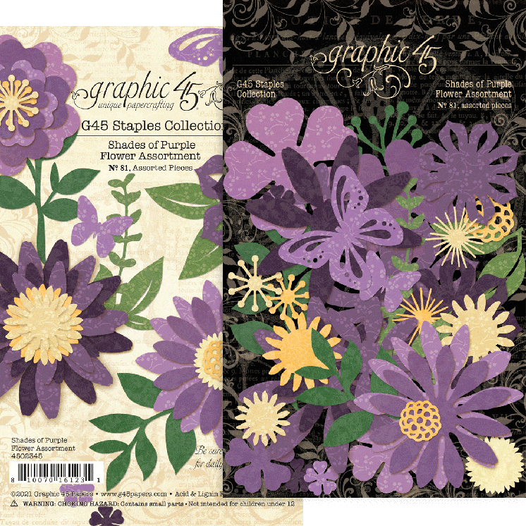 Staples Collection Shades of Purple Flower Assortment by Graphic 45-81 assorted pieces - Scrapbook Supply Companies