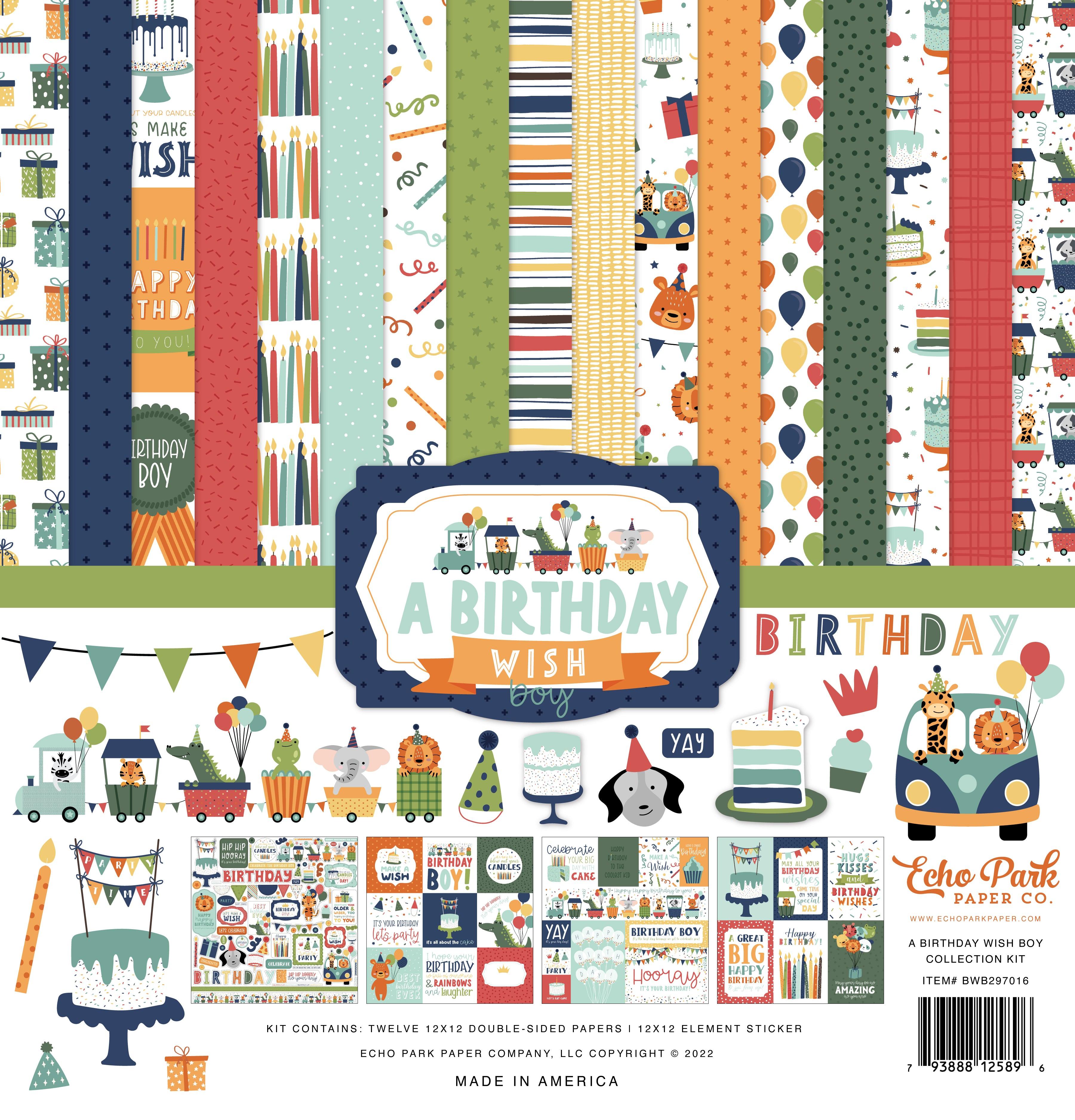 A Birthday Wish Boy Collection 13-Piece Collection Kit by Echo Park Paper-12 Papers, 1 Sticker