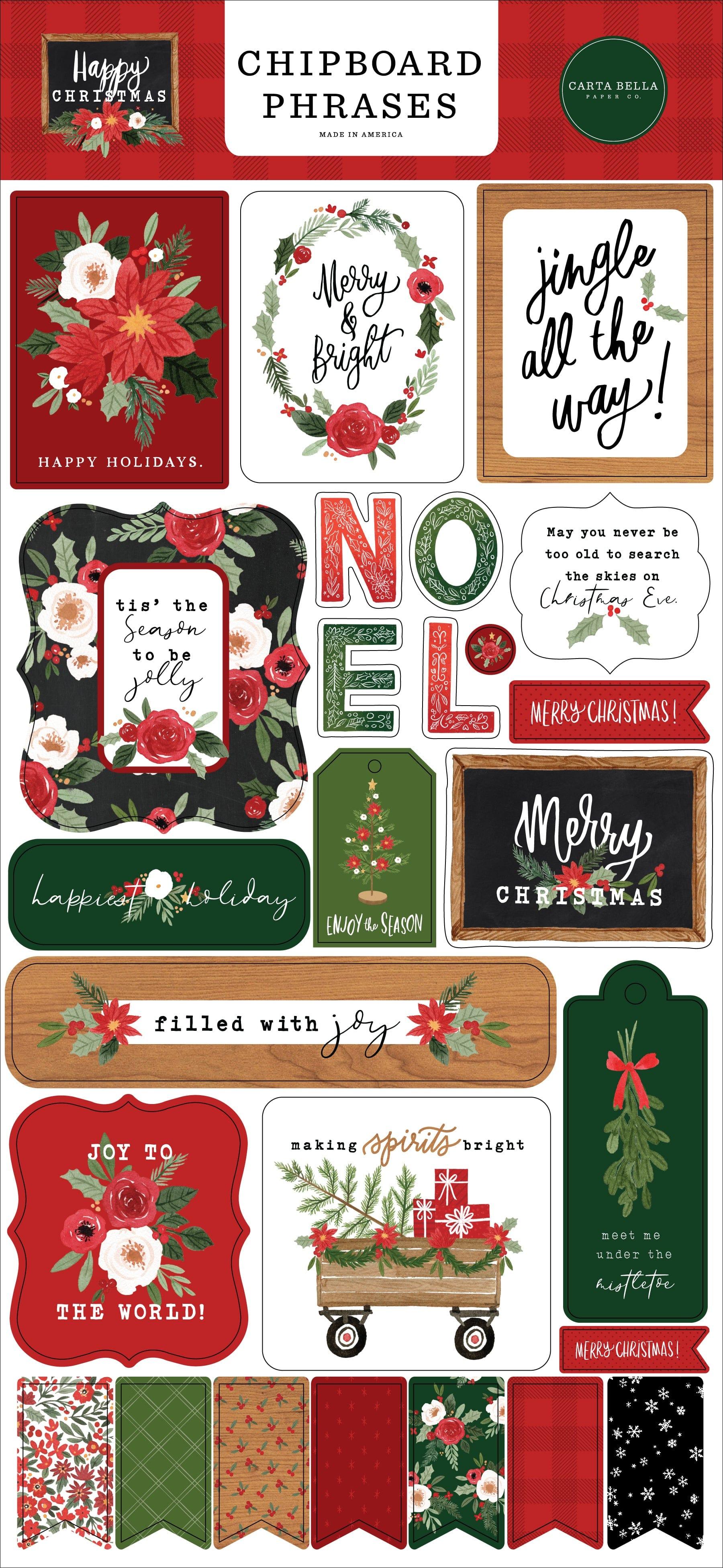 Happy Christmas Collection 6 x 12 Scrapbook Chipboard Phrases by Carta Bella - Scrapbook Supply Companies