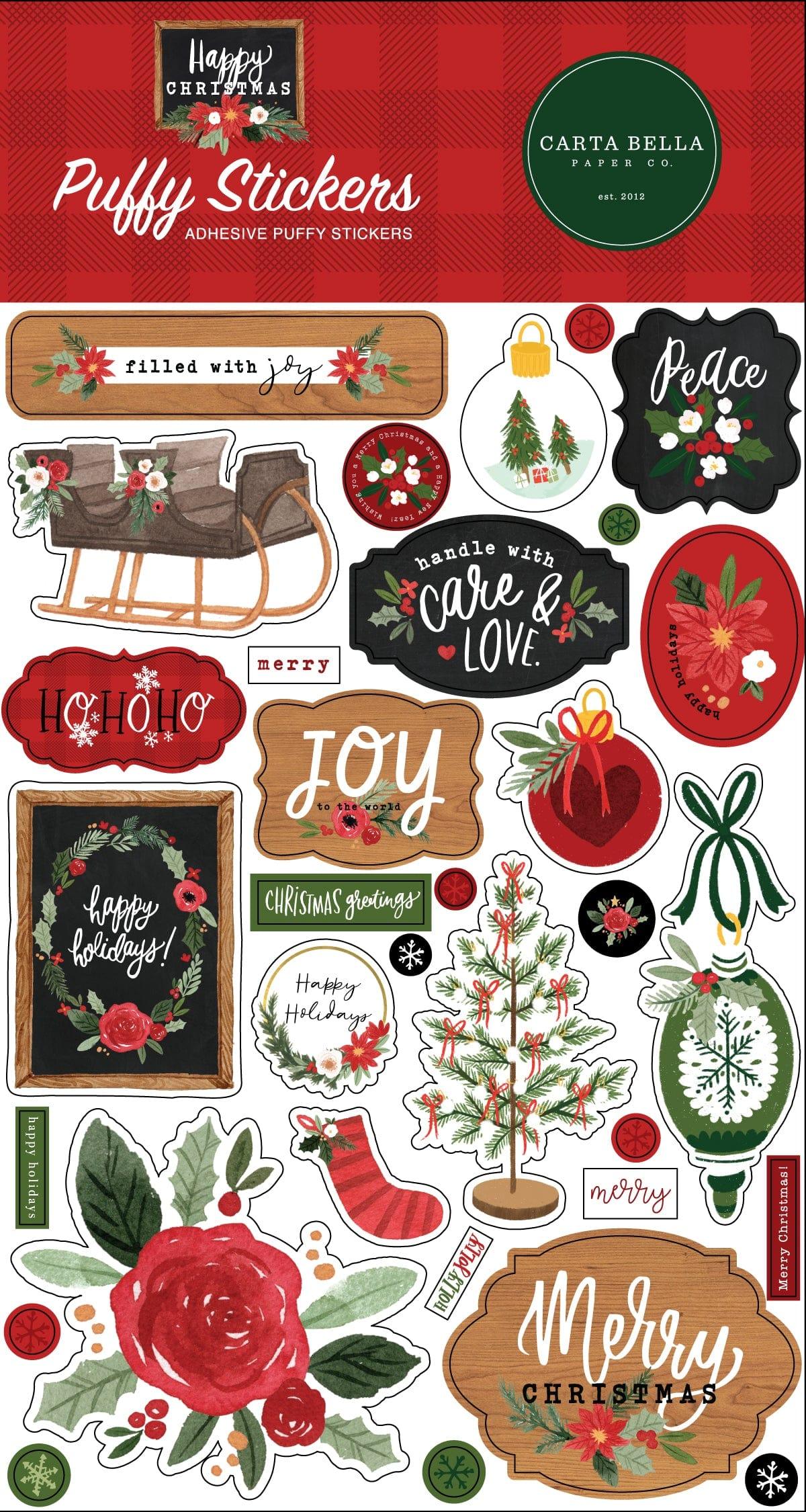 Happy Christmas Collection 4 x 7 Puffy Stickers Scrapbook Embellishments by Carta Bella Paper - Scrapbook Supply Companies