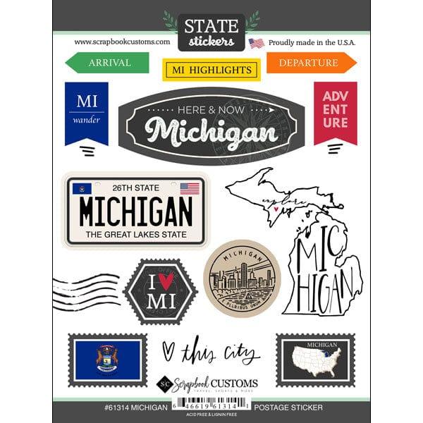 Postage Map Collection Michigan 6 x 8 Scrapbook Sticker Sheet by Scrapbook Customs - Scrapbook Supply Companies