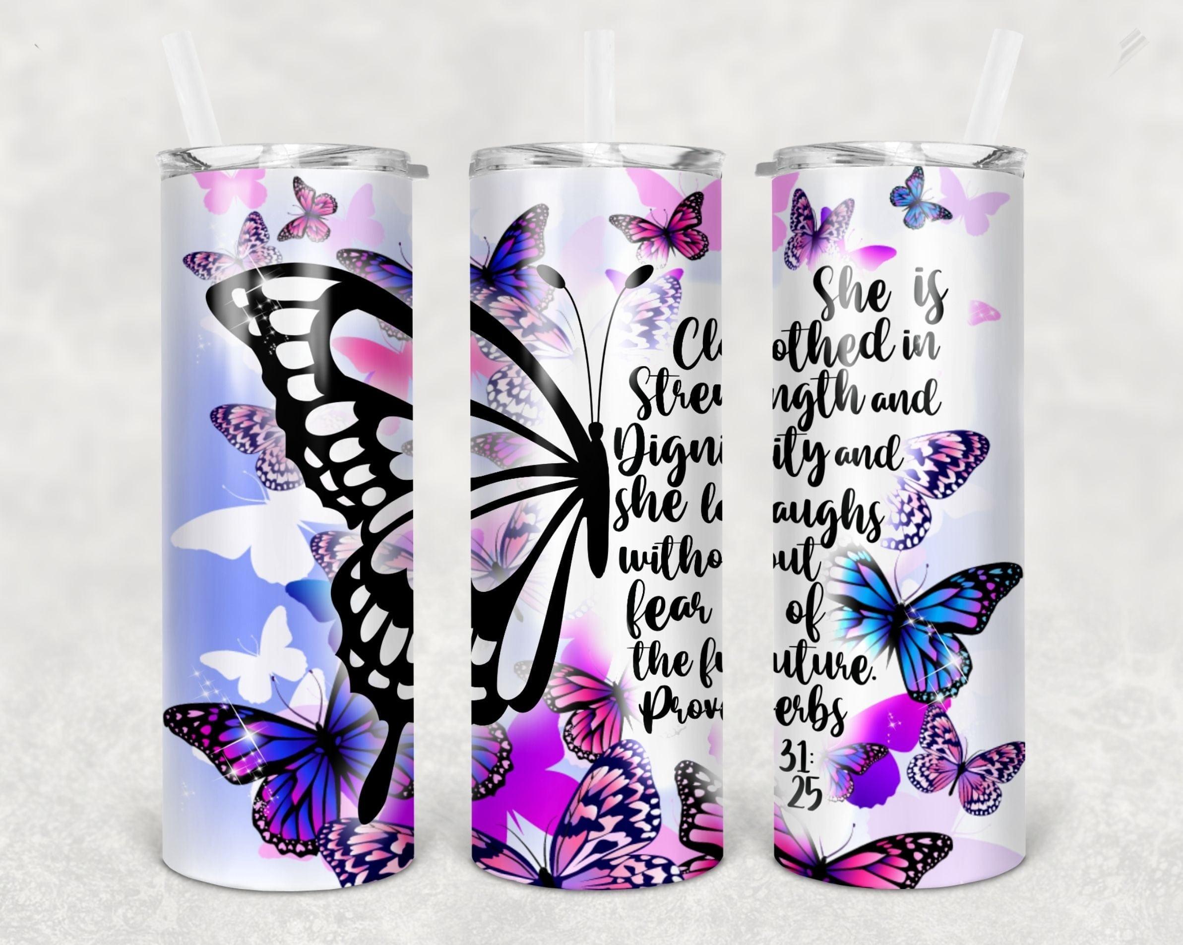 She Is Clothed In Strength Butterflies 30 oz. Straight Skinny Tumbler by SSC Designs