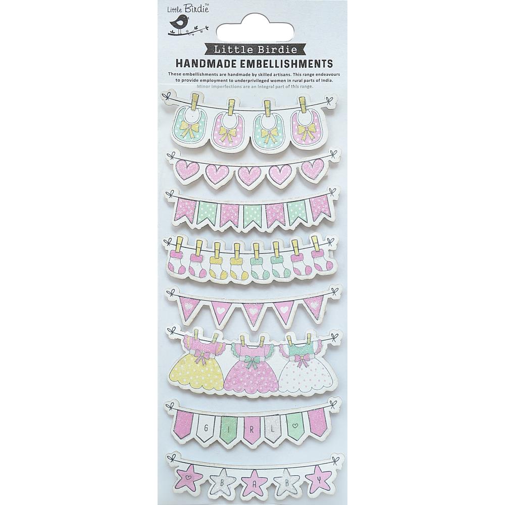 Hello Baby Girl Socks & Bibs 3 x 8 Scrapbook Embellishment by Little Birdie