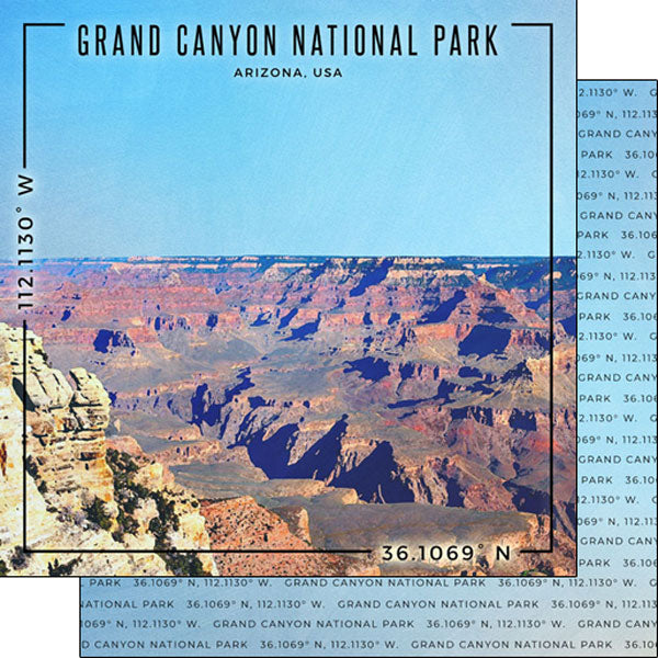 Travel Coordinates Collection Grand Canyon National Park, Arizona, USA 12 x 12 Double-Sided Scrapbook Paper by Scrapbook Customs