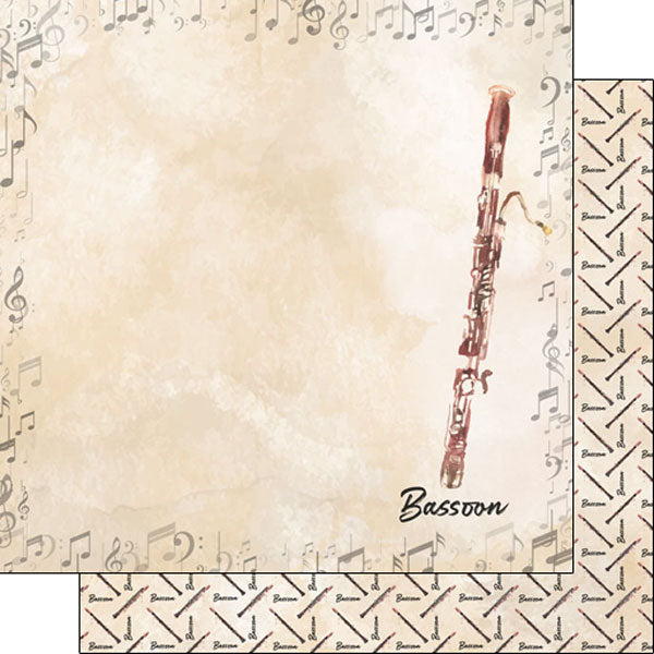Watercolor Music Collection Bassoon 12 x 12 Double-Sided Scrapbook Paper by Scrapbook Customs