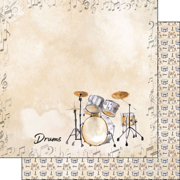 Watercolor Music Collection Drums 12 x 12 Double-Sided Scrapbook Paper by Scrapbook Customs