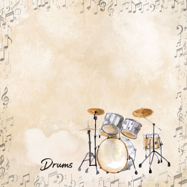 Watercolor Music Collection Drums 12 x 12 Double-Sided Scrapbook Paper by Scrapbook Customs