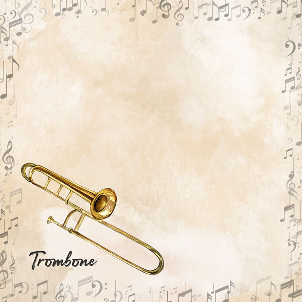 Watercolor Music Collection Trombone 12 x 12 Double-Sided Scrapbook Paper by Scrapbook Customs