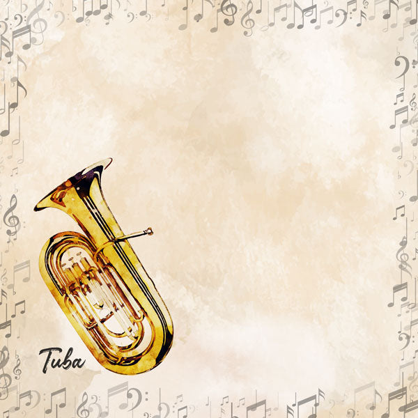 Watercolor Music Collection Tuba 12 x 12 Double-Sided Scrapbook Paper by Scrapbook Customs
