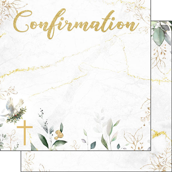 Holy Sacraments Collection Confirmation Eucalyptus & Gold 12 x 12 Double-Sided Scrapbook Paper by Scrapbook Customs