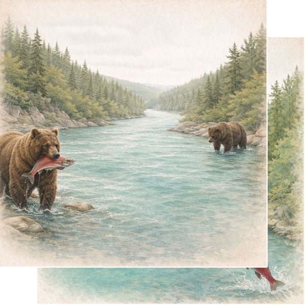 Scenic Alaska Collection Bears & Salmon On The River 12 x 12 Double-Sided Scrapbook Paper by Scrapbook Customs