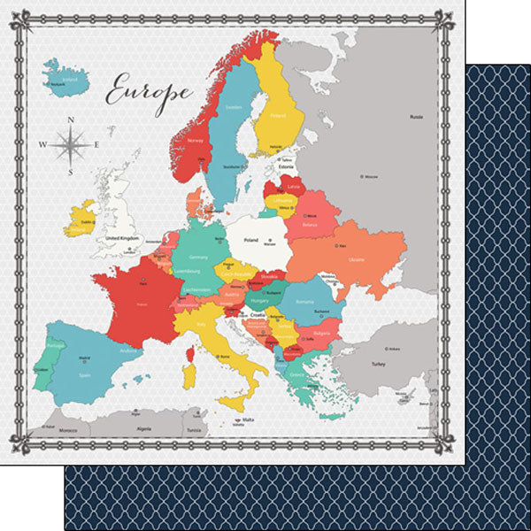 Travel Memories Collection Europe Map 12 x 12 Double-Sided Scrapbook Paper by Scrapbook Customs