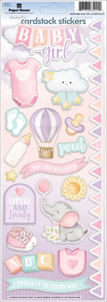 Family Collection Baby Girl 5x12 Watercolor Scrapbook Sticker Sheet by Paper House Productions