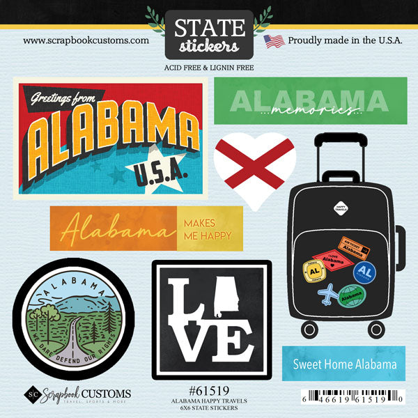 Alabama Happy Travels Collection 6x6 Scrapbook Sticker Sheet by Scrapbook Customs