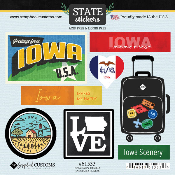Happy Travels Iowa Collection 6x6 Scrapbook Sticker Sheet by Scrapbook Customs