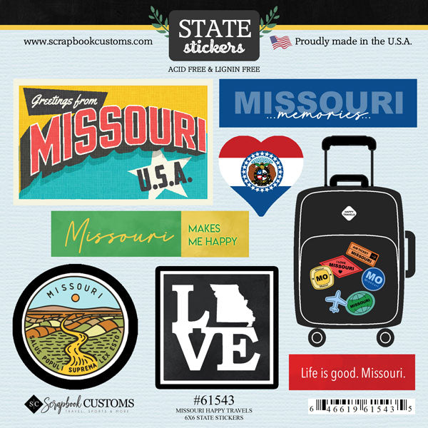 Happy Travels Missouri Collection 6x6 Scrapbook Sticker Sheet by Scrapbook Customs