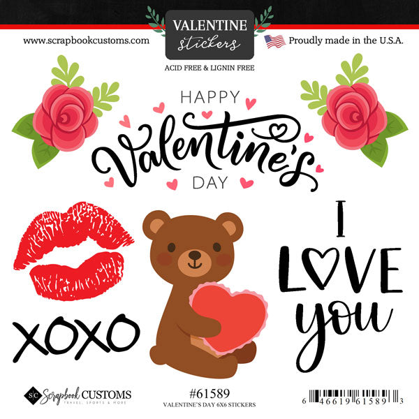 Valentine's Day Collection Happy Valentine's Day 6x6 Scrapbook Sticker Sheet by Scrapbook Customs