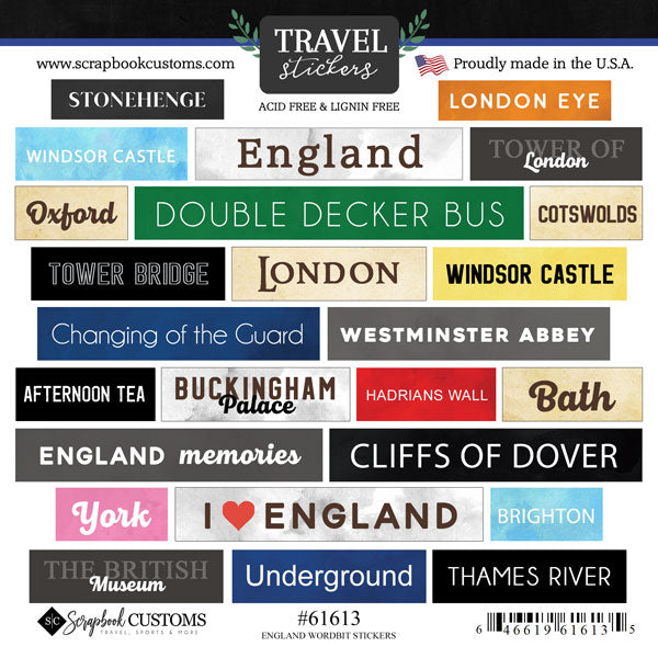 Word Bits Collection England 6x6 Scrapbook Sticker Sheet by Scrapbook Customs