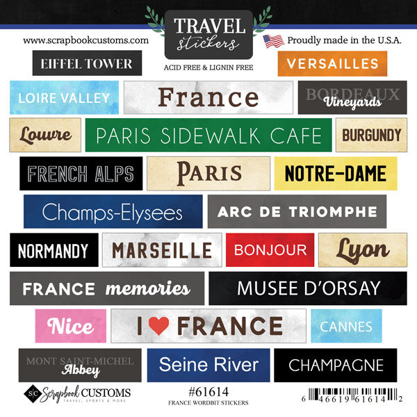 Word Bits Collection France 6x6 Scrapbook Sticker Sheet by Scrapbook Customs