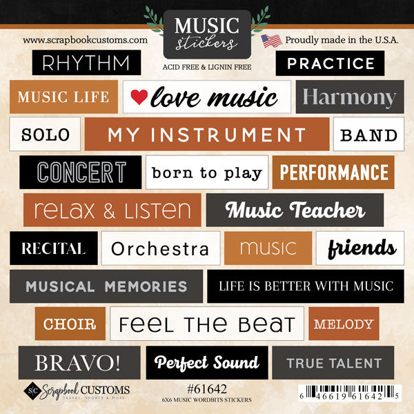 Word Bits Collection Music 6x6 Scrapbook Sticker Sheet by Scrapbook Customs