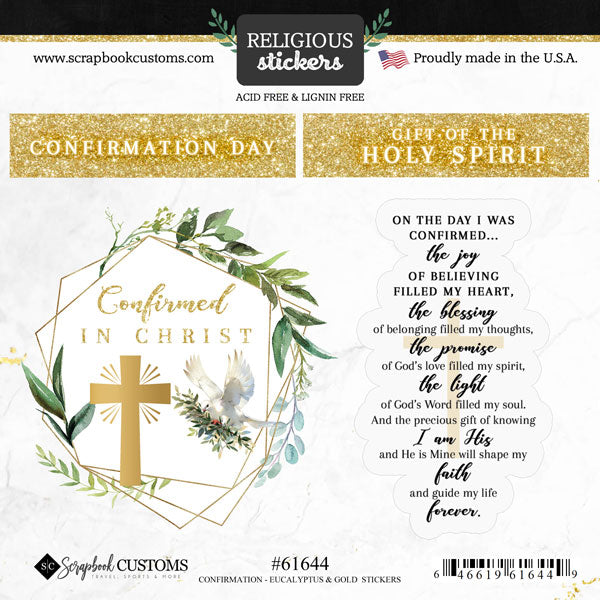Holy Sacraments Collection Confirmation Day Gold & Eucalyptus 6x6 Scrapbook Sticker Sheet by Scrapbook Customs