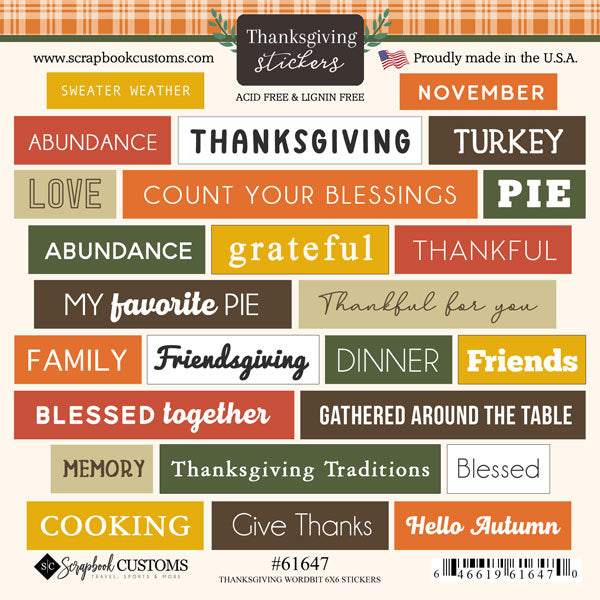 Word Bits Collection Thanksgiving 6x6 Scrapbook Sticker Sheet by Scrapbook Customs