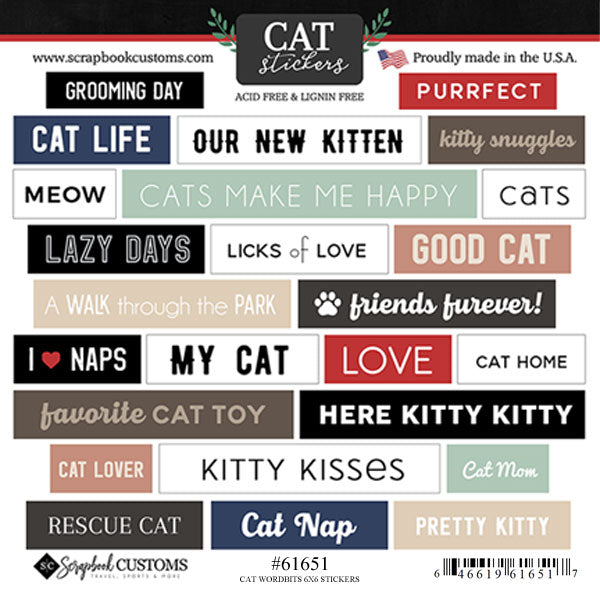 Word Bits Collection Cat 6x6 Scrapbook Sticker Sheet by Scrapbook Customs