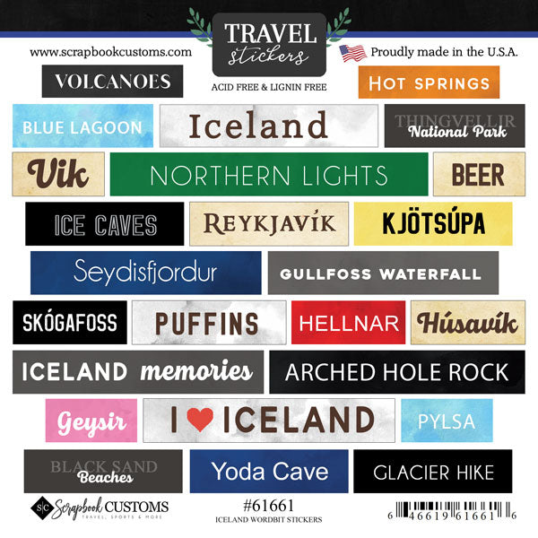 Word Bits Collection Iceland 6x6 Scrapbook Sticker Sheet by Scrapbook Customs
