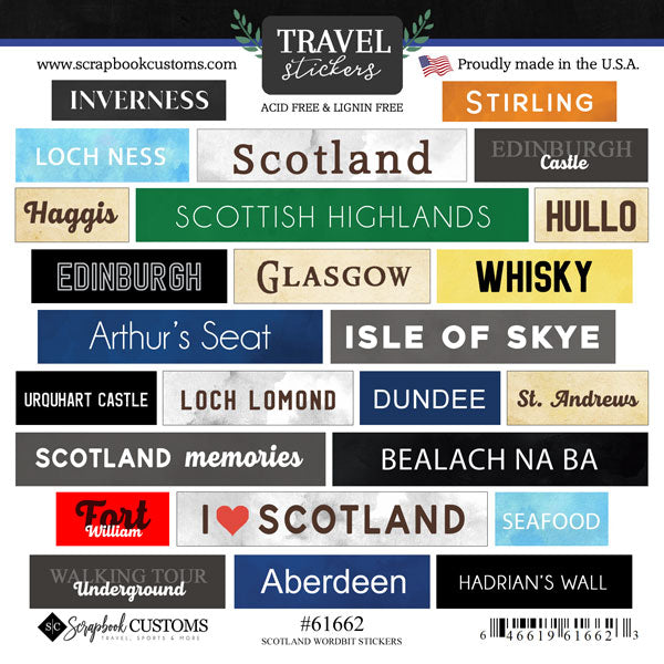 Word Bits Collection Scotland 6x6 Scrapbook Sticker Sheet by Scrapbook Customs