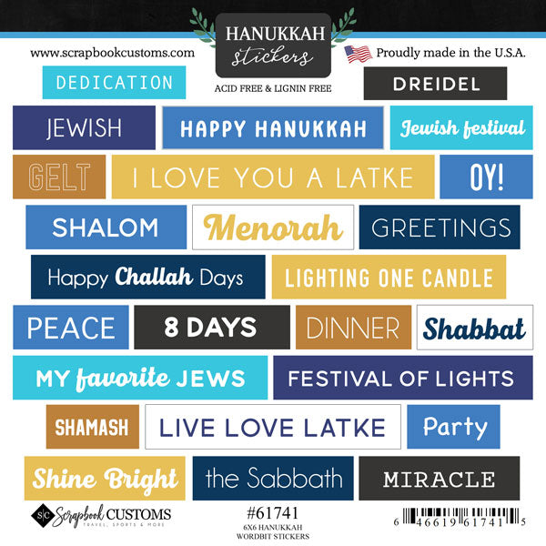 Word Bits Collection Hanukkah 6x6 Scrapbook Sticker Sheet by Scrapbook Customs