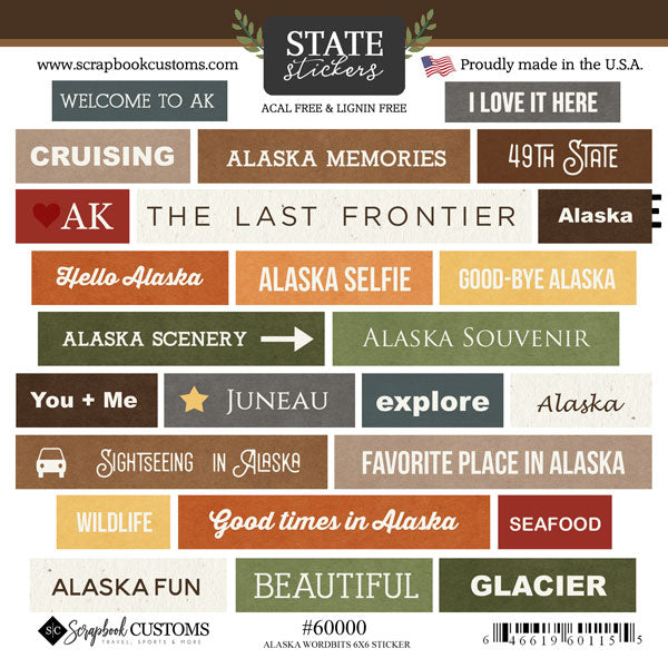 Alaska Collection Alaskan Wordbits 6x6 Scrapbook Sticker Sheet by Scrapbook Customs