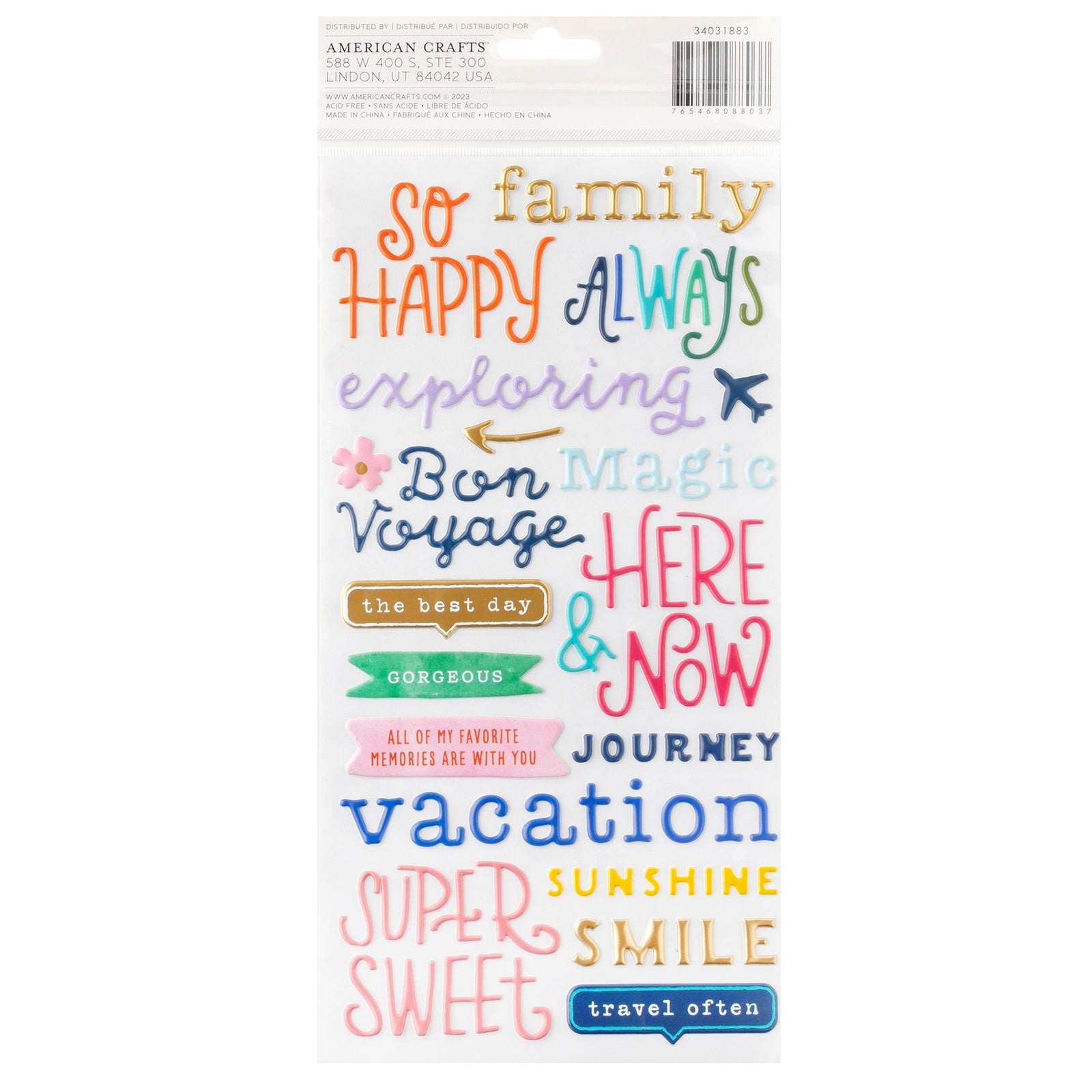 Thickers Collection 6 x 12 Adventurous Travel Vacation Phrases Scrapbook Stickers by American Crafts - 2 Sheets