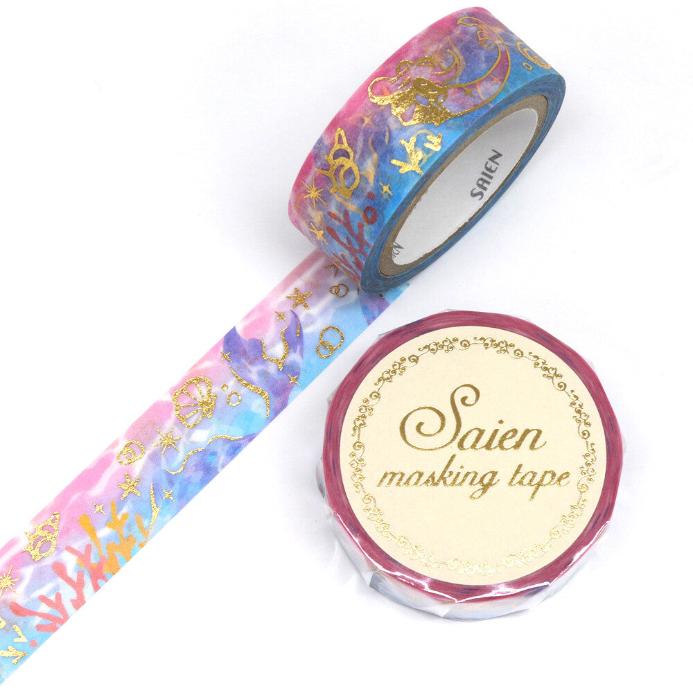 Mermaids & Seashells Collection  Mermaid Ocean Gold Foil Decorative Washi Tape - 15mm x 7m