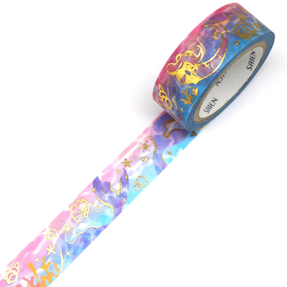 Mermaids & Seashells Collection  Mermaid Ocean Gold Foil Decorative Washi Tape - 15mm x 7m