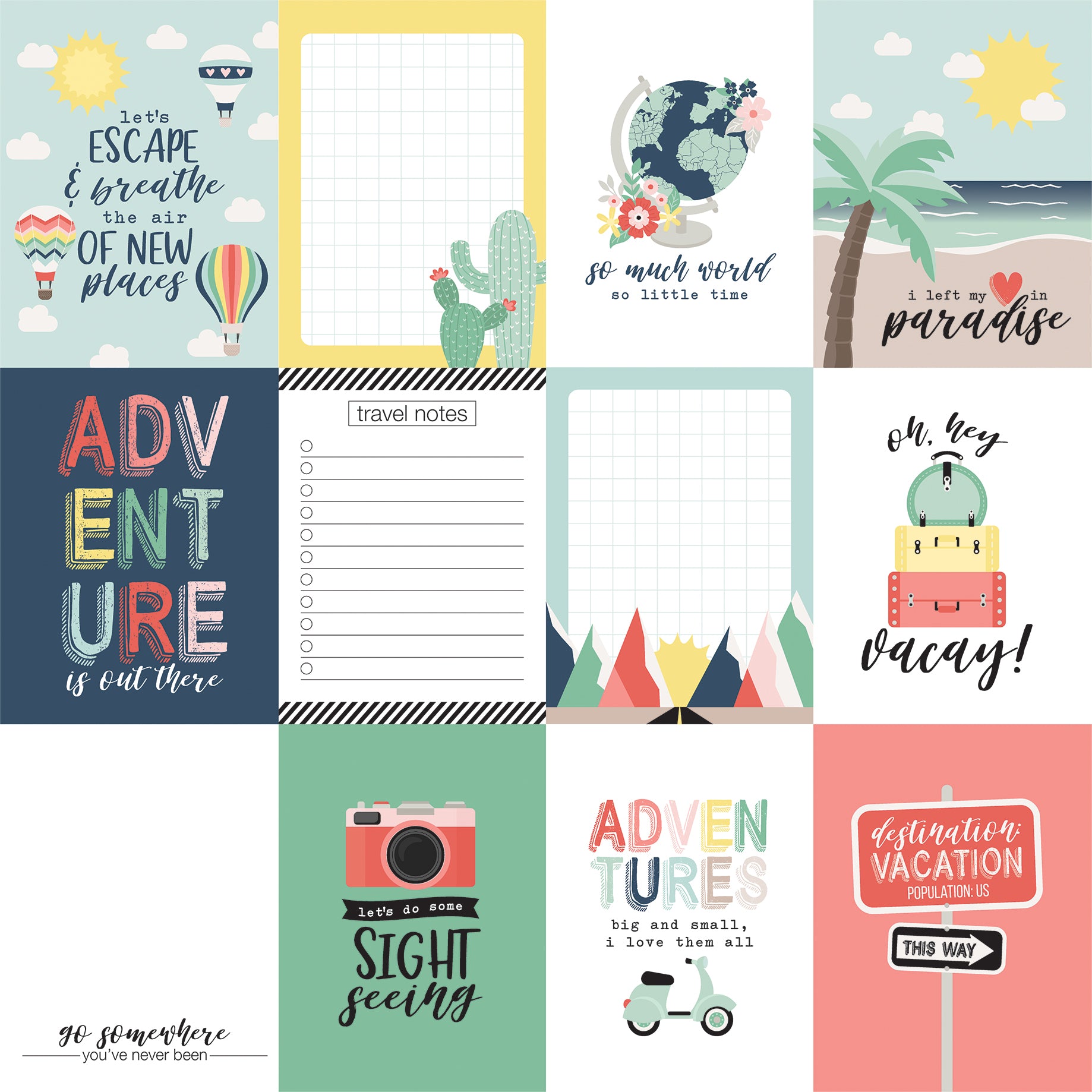 Away We Go Collection 3x4 Journaling Cards 12 x 12 Double-Sided Scrapbook Paper by Echo Park Paper