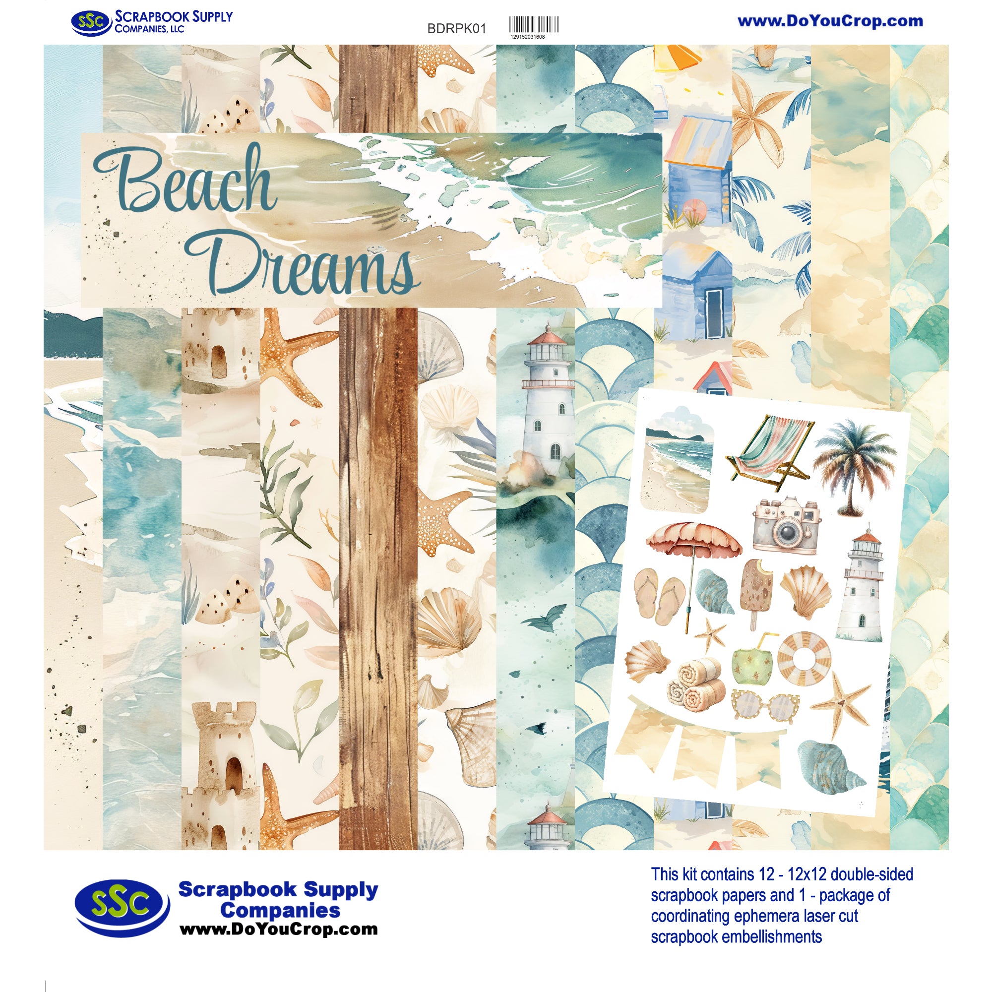 Beach Dreams 12 x 12 Scrapbook Paper & Embellishment Kit by SSC Designs - 13 Pieces