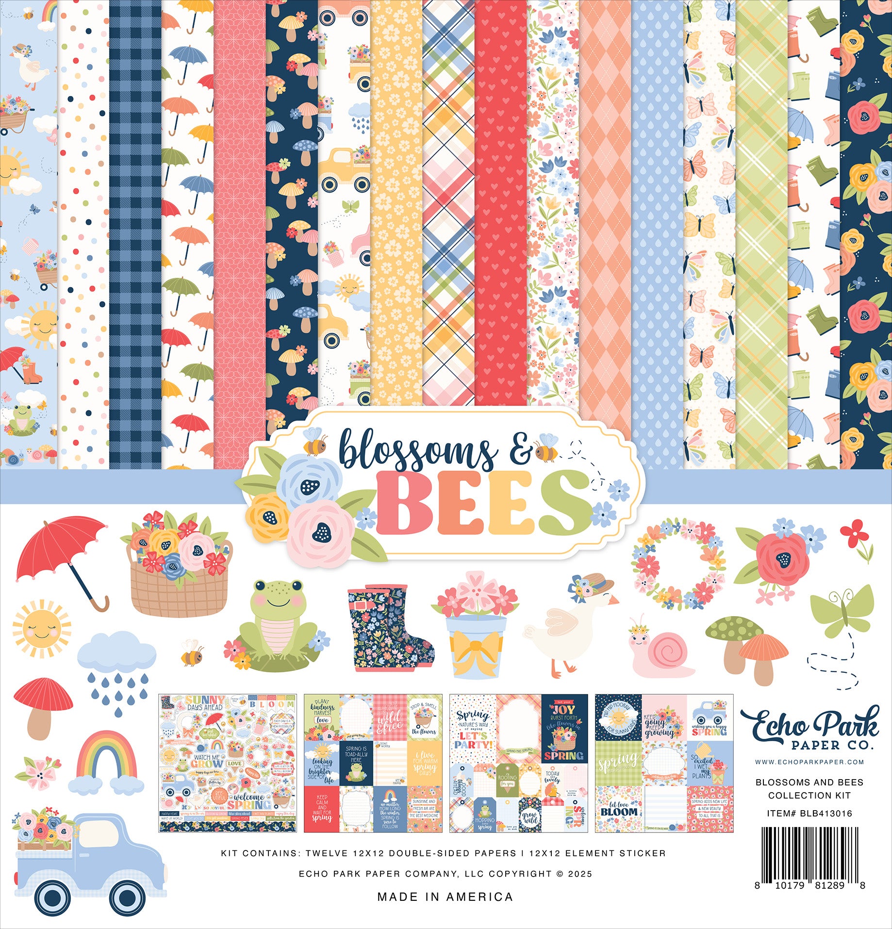Blossoms & Bees Scrapbook Paper & Sticker Collection Kit by Echo Park Paper - 13 Pieces