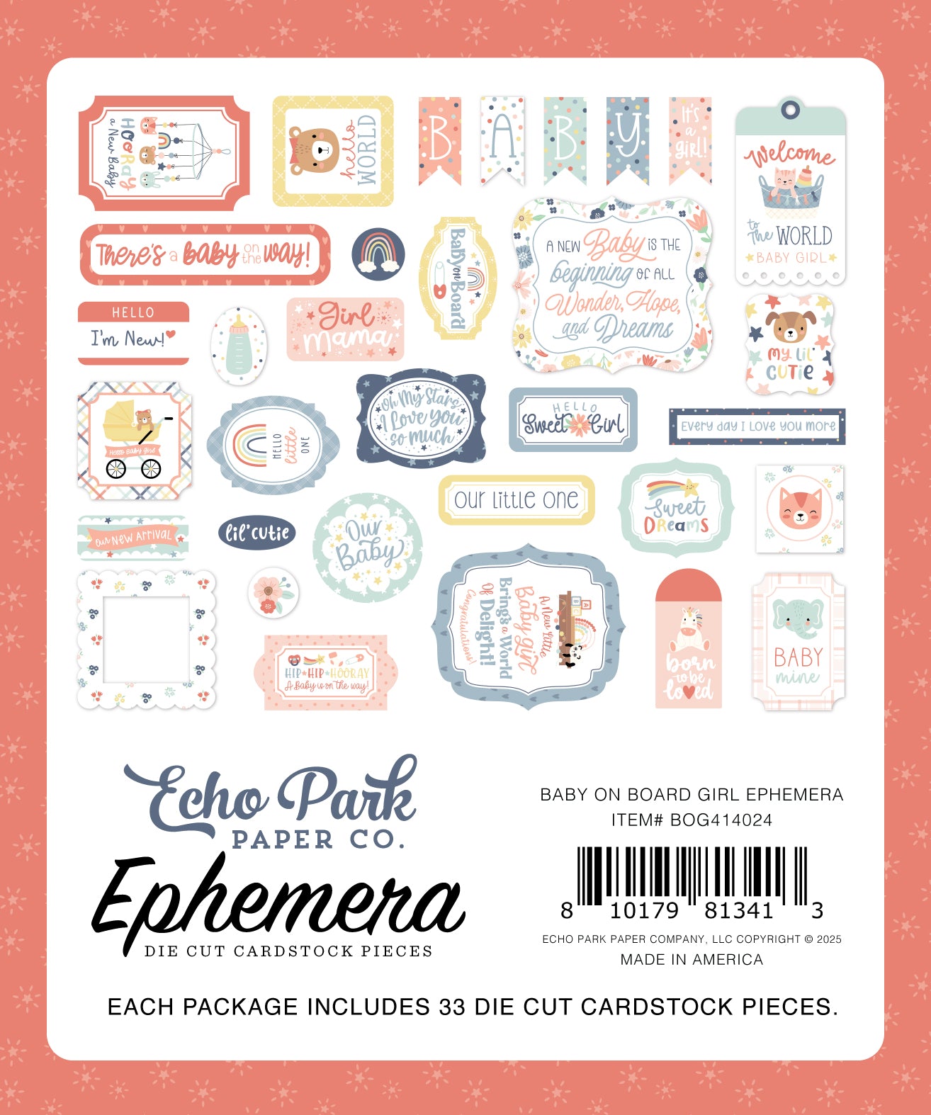 Baby On Board It's A Girl Collection Ephemera Scrapbook Embellishments by Echo Park Paper