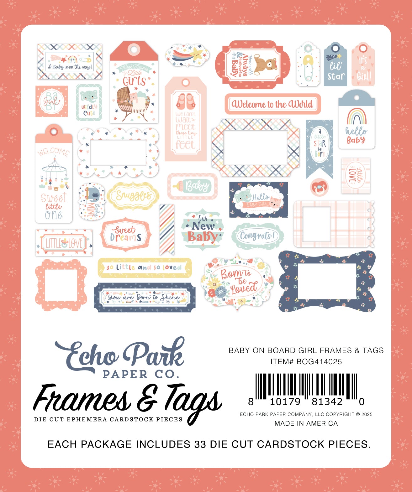 Baby On Board It's A Girl Collection 5 x 5 Scrapbook Frames & Tags Embellishments by Echo Park Paper