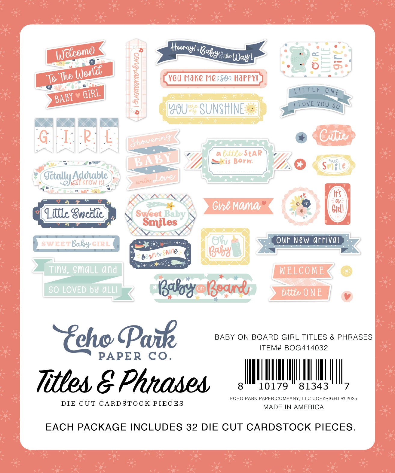 Baby On Board It's A Girl Collection Scrapbook Titles & Phrases Die Cut Pieces by Echo Park Paper