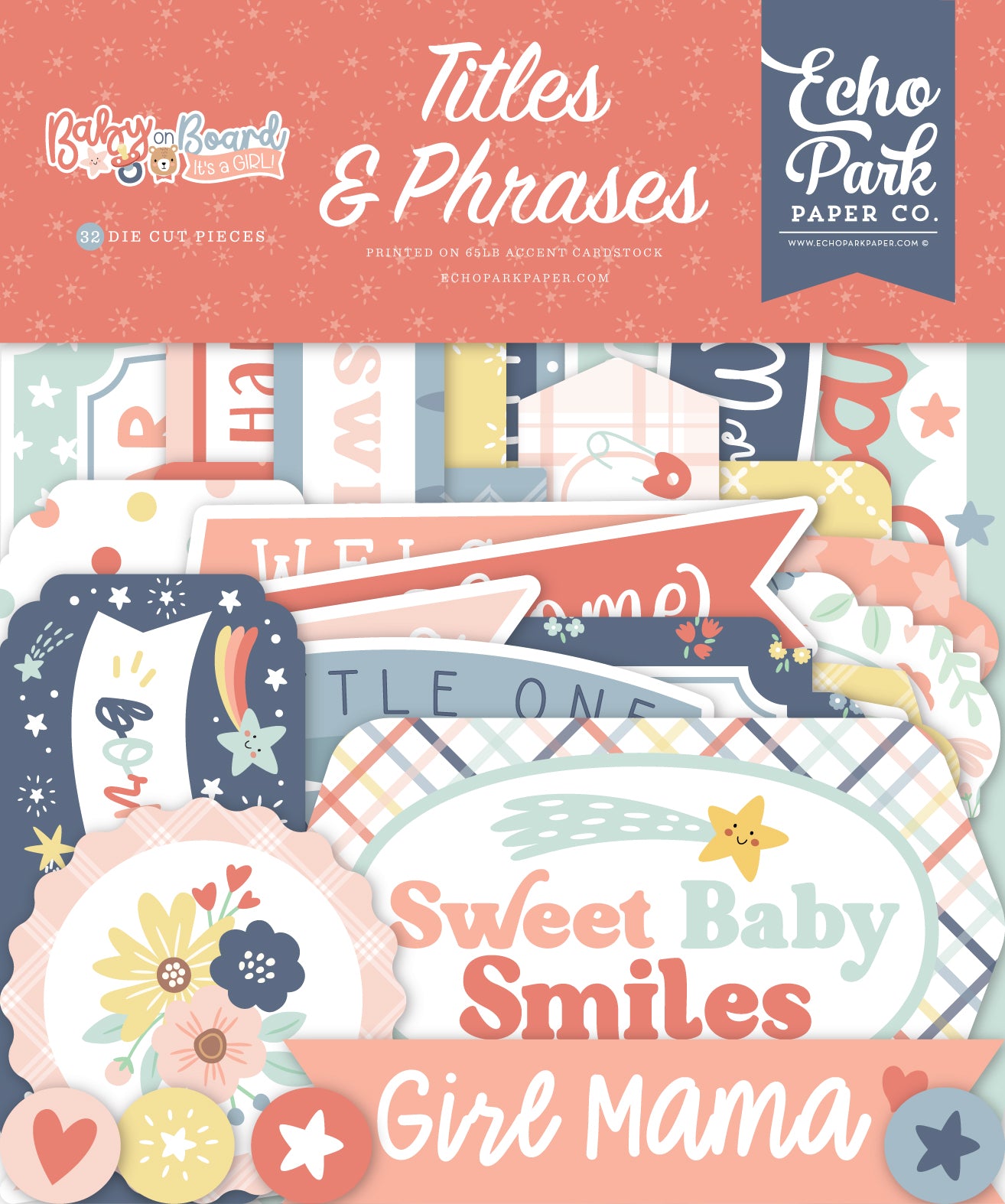 Baby On Board It's A Girl Collection Scrapbook Titles & Phrases Die Cut Pieces by Echo Park Paper